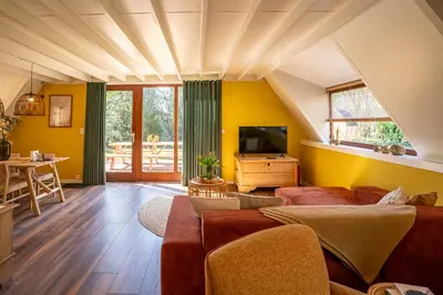 a living room with yellow walls and a couch at Boshuisje Rekem - Lotus in Lanaken