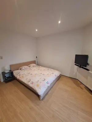 a bedroom with a bed and a flat screen tv at Peace and quiet in Liège, private room and bathroom in Liège