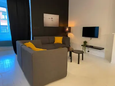 a living room with a couch and a tv at Loft St Remacle in Liège