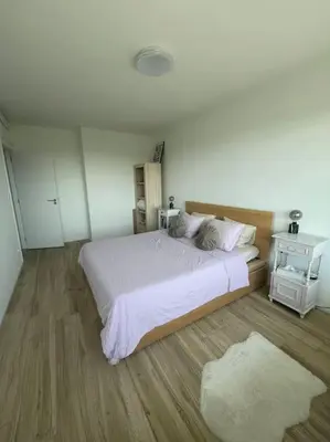 a bedroom with a large white bed and a rug at Appartement panoramique plein sud Liège in Liège