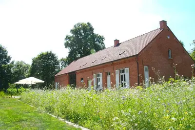 a red brick house with a field of flowers in front of it at O-Lit in Paal