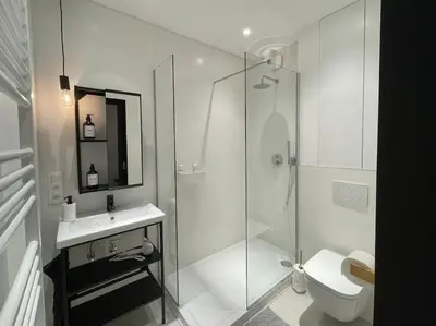 a white bathroom with a shower and a toilet at Duplex in the historic heart of Liège - 3rd floor in Liège