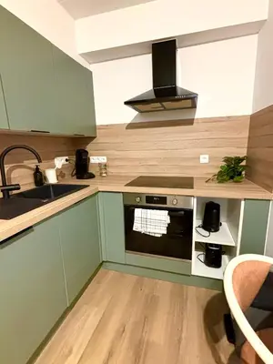 a kitchen with green cabinets and a sink and an oven at Le cozy escape in Herstal