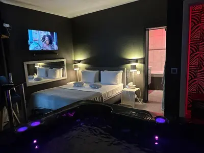 a hotel room with a tub and a bed and a tv at lelysblanc in Liège