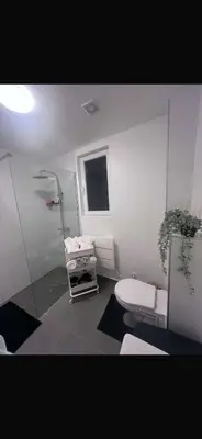 a bathroom with a shower and a toilet and a window at La Suite White wellness Jacuzzi & Sauna in Seraing