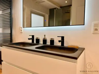a bathroom with a sink and a mirror at L'Atelier Triplex - Architect's apartment in Liège