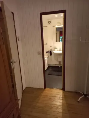 a bathroom with a tub and a sink and a mirror at Chalet Bosrust met serre & privéparking Natuur nabij Maastricht in Lanaken