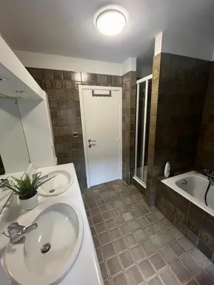 a bathroom with a sink and a tub and a toilet at Ardilla - holiday house in an oasis of green in Heusden - Zolder