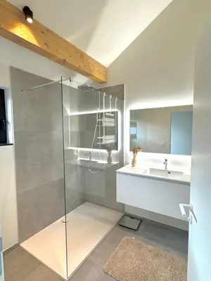 a bathroom with a glass shower and a sink at Hartje Borgloon in Borgloon