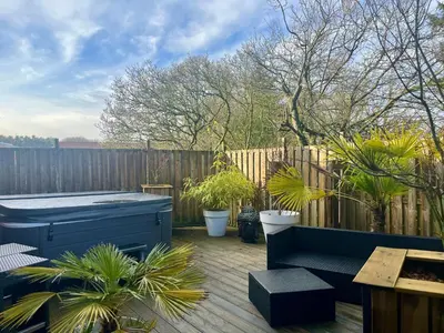 a patio with potted plants and a blue dresser at Le Rêve de Narcisse in Fléron