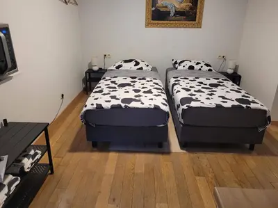 two twin beds in a room with wooden floors at Bertha in Houthalen-Helchteren
