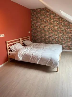 a bedroom with a bed and a red wall at Vakantiehuis Twenty Six in Hasselt