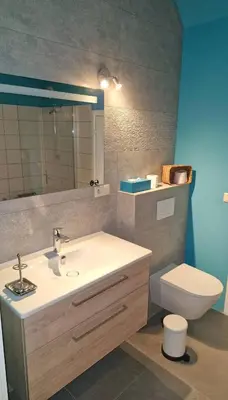 a bathroom with a sink and a toilet and a mirror at Take a break in Voeren