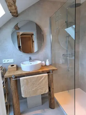 a bathroom with a sink and a mirror at Hoeve BôThé - B&B in Alken