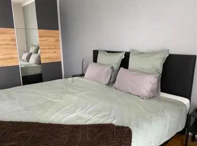 a bedroom with a bed with pink and white pillows at Hasselita in Hasselt