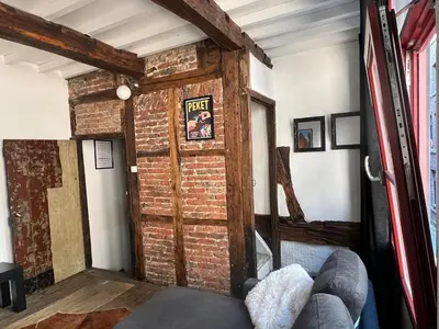a living room with a brick wall and a couch at La petite maison de l'impasse in Liège