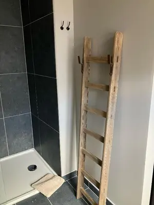 a wooden ladder in a bathroom next to a shower at Huisje Emma in Tongeren