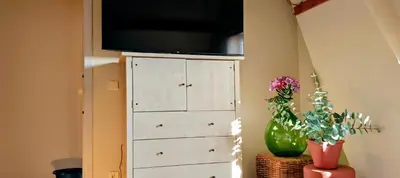 a tv on top of a dresser in a room at 't Herenhoes in Pelt