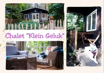 a collage of photos of a yard with a house at Chalet Klein Geluk in Lanaken