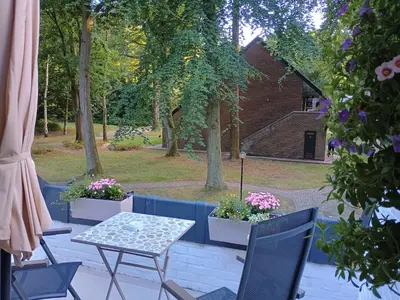 a patio with a table and chairs and flowers at Studio Eik 105 at the pool in nature domain in Houthalen-Helchteren