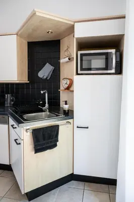 a small kitchen with a refrigerator and a microwave at Chez Marraine Suzanne in Liège