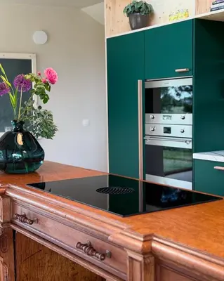 a kitchen with a counter with a oven and a vase of flowers at Zandberg11 in Bree