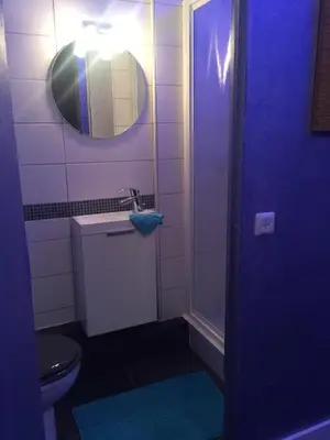 a bathroom with a toilet and a sink and a mirror at Le Vénitien in Liège