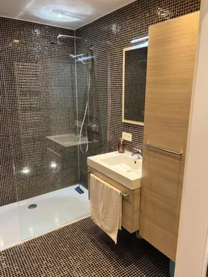 a bathroom with a shower and a sink at Heel Appartement 90m2 met 2 slaapkamers woonkamer Keuken badkamer privé garage in Sint-Truiden