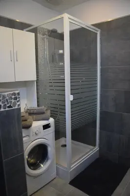 a washing machine in a bathroom with a glass door at La Belle Échappée à Fléron in Fléron