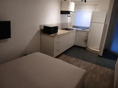 a small kitchen with a white refrigerator and a sink at Petit appartement RDC in Liège