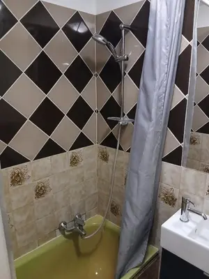 a bathroom with a green tub and a sink at Petit appartement RDC in Liège