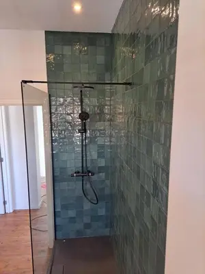 a shower with green tiled walls and a glass enclosure at Chambre luxe in Liège