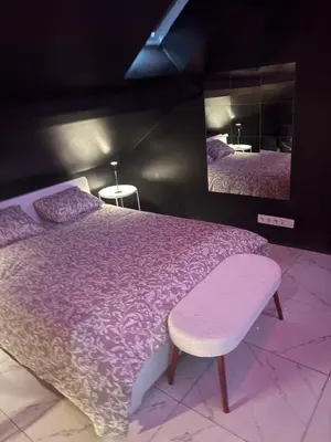 a bedroom with a purple bed with a chair and a mirror at La suite 7 Sauna et jacuzi in Seraing