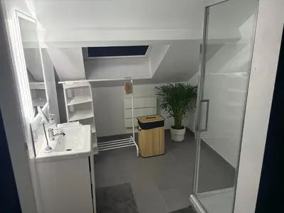 a bathroom with a shower and a sink at La suite 7 Sauna et jacuzi in Seraing