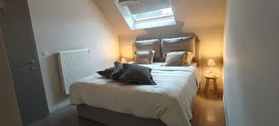 a bedroom with a large bed with a skylight at Het Mezennest in Zonhoven