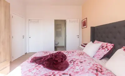 a bedroom with a large bed with a pink comforter at Appartement romantique de luxe à Liège Chambre, salon SDB privée 2e étage in Liège