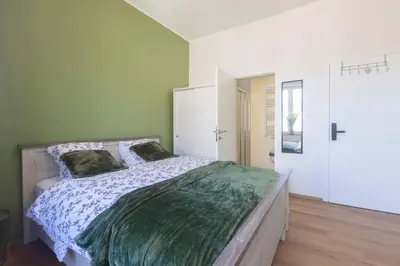 a bedroom with a bed with a green comforter at Chambre de luxe Tokyo a Liège Sale de bain privée check in autonome cuisine partagée in Liège