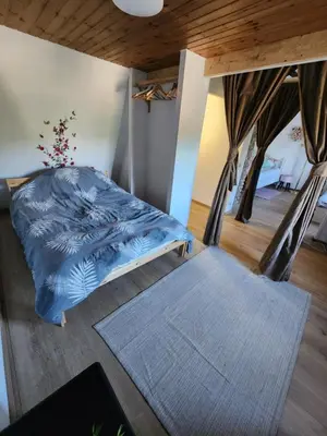 a bedroom with a bed and a rug at Gîte 
