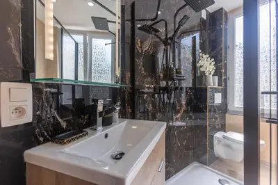 a bathroom with a sink and a glass shower at Chambre de luxe Afrik a Liège Grande Sale de bain privée check in autonome cuisine partagée in Liège