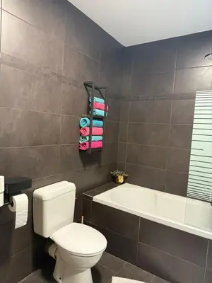 a bathroom with a toilet and a tub and a sink at Urban Cocoon in Liège