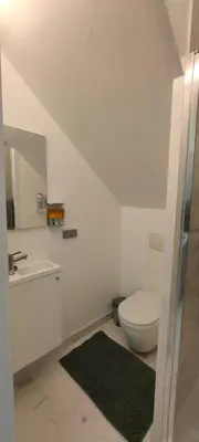 a white bathroom with a toilet and a sink at Studio spacieux ,chaleureux et cosy in Heers