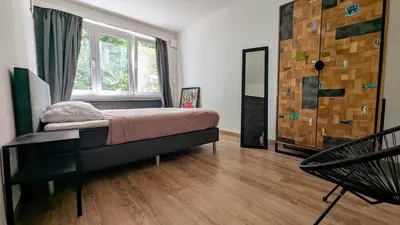 a bedroom with a bed and a window at Aux Cèdres - Peaceful stay with easy parking in Liège
