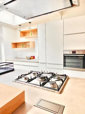 a kitchen with white cabinets and a stove top oven at Maison spacieuse, sereine proche du coeur de la ville et de la gare in Liège