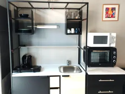 a small kitchen with a sink and a microwave at Apartment with a view of alpacas in Heers