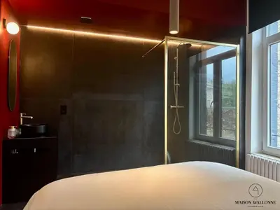 a bedroom with a shower and a white bed at Le Red Velvet - Hypercentre, pour 2 personnes in Liège
