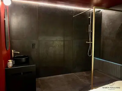 a shower with a glass door in a bathroom at Le Red Velvet - Hypercentre, pour 2 personnes in Liège