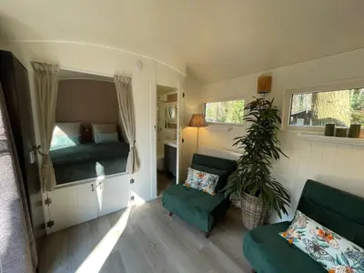 a small room with a bed and a couch at The Butterfly - Forest - Dog - Maastricht in Lanaken