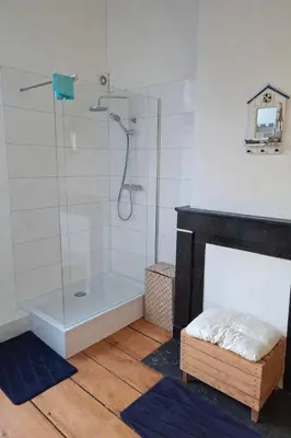 a bathroom with a shower with a glass shower stall at Maison de Maître in Liège