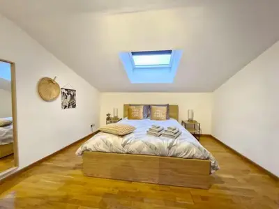 a bedroom with a large bed with a skylight at Cocon Liégeois in Liège
