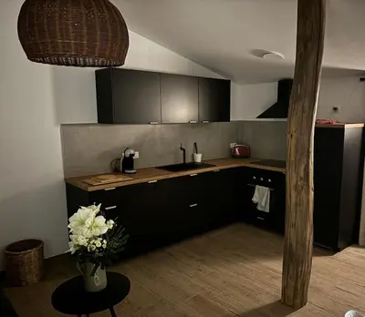 a kitchen with black cabinets and a vase of flowers at Le Marzelheide 2 in Lontzen
